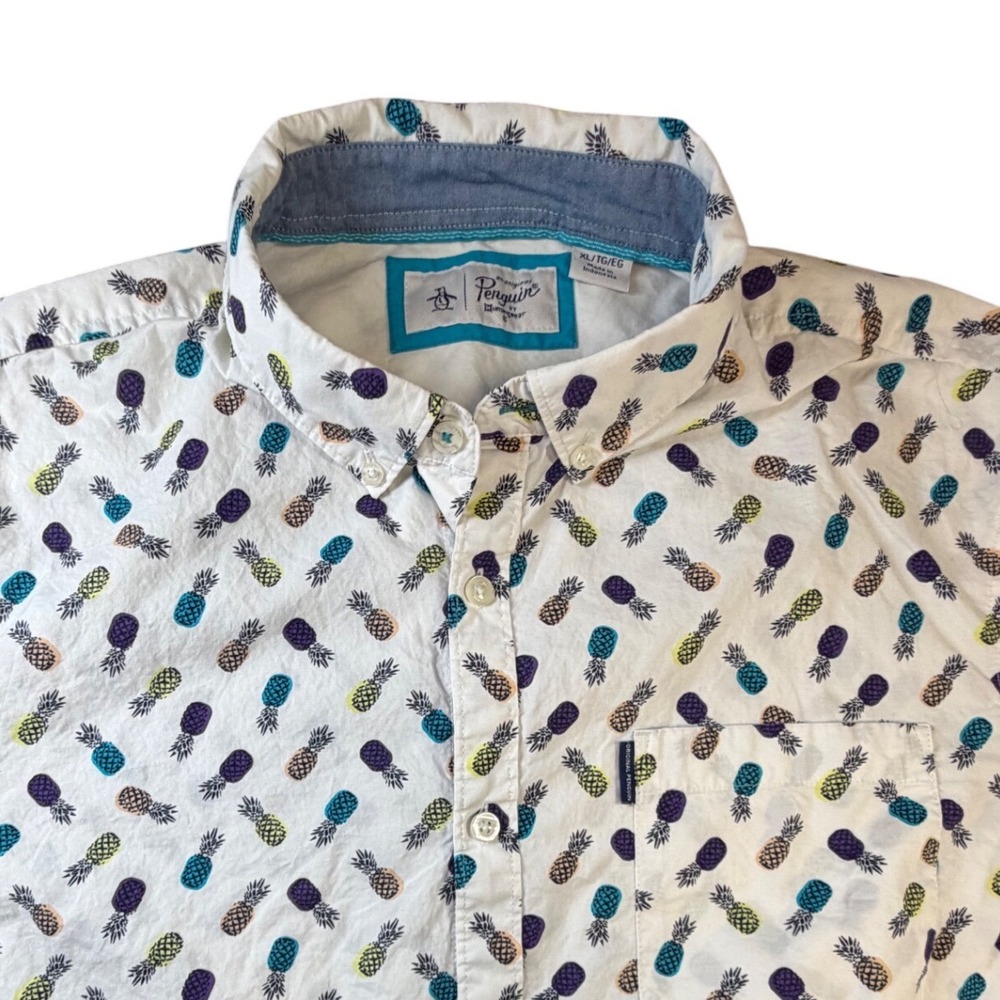 Original Penguin Mens XL Pineapple Print Short Sleeve Button Down Shirt White K2